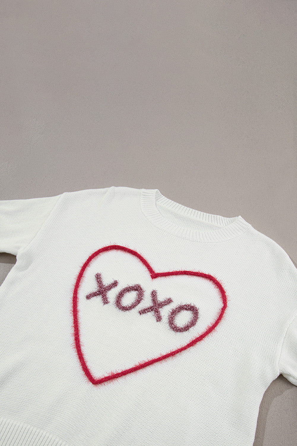 Heart Xoxo Pattern Drop Shoulder Rib Knit Sweater | White