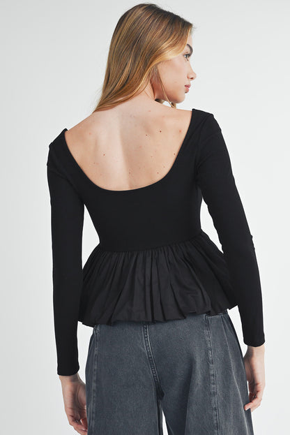 Ribbed Knit Long Sleeve Scoop Neck Peplum Patchwork Top | Black