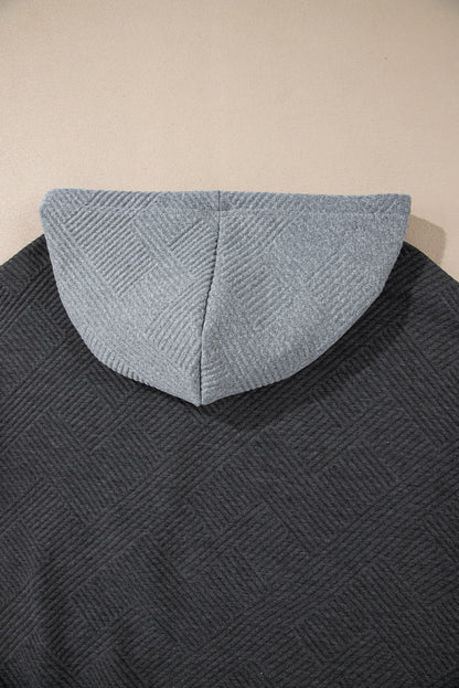 Textured Colour Block Kangaroo Pocket Drop Shoulder Hoodie | Gray