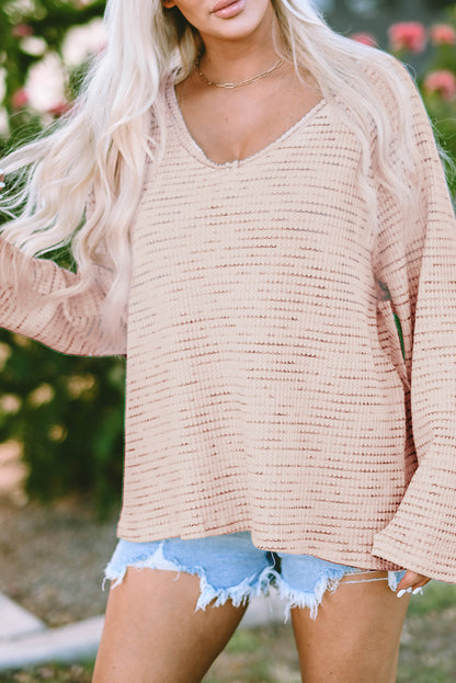 Waffled Knit Long Sleeve V-Neck Frayed Top | Pink