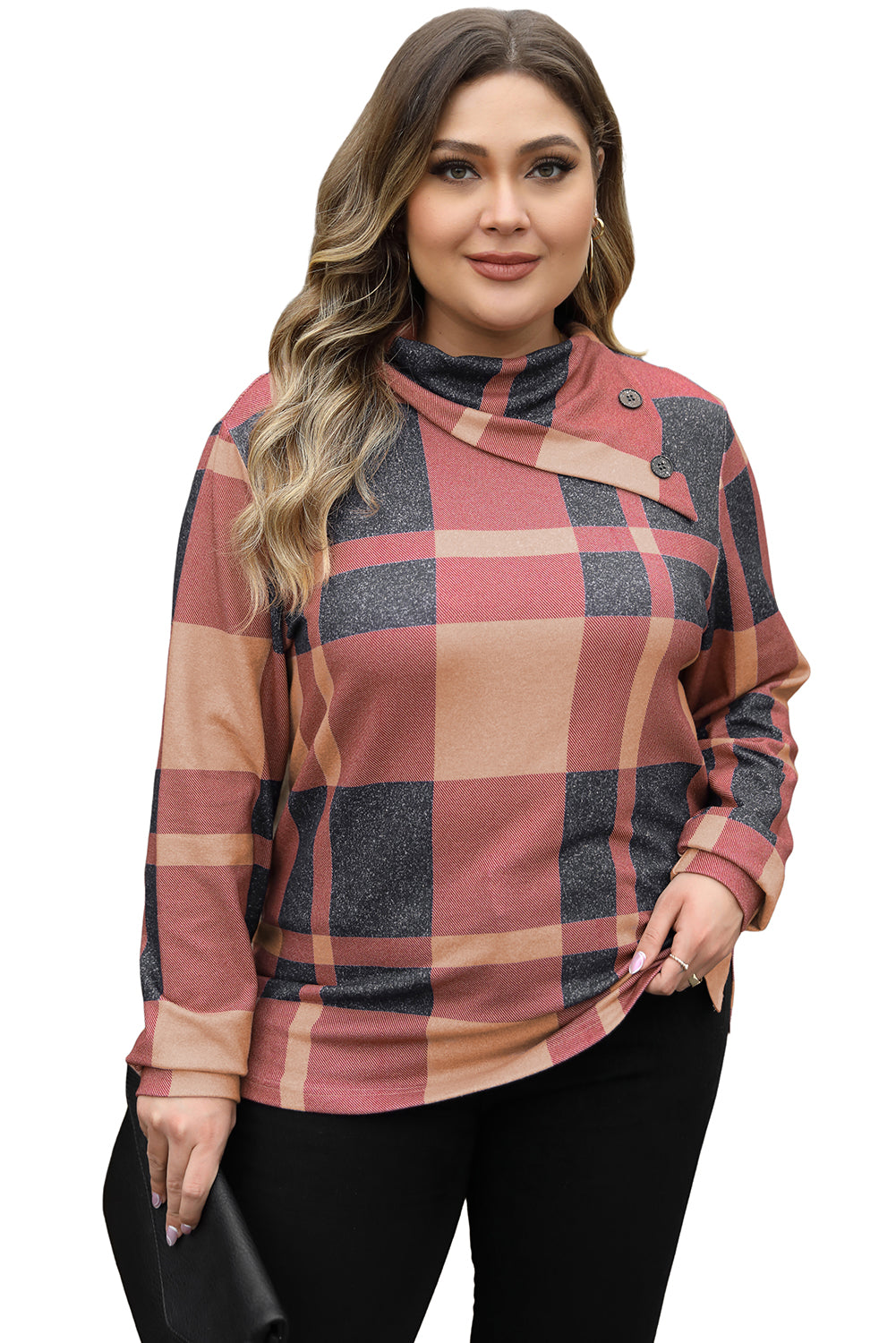 Plus Size Plaid Print Button Decor Asymmetric Neck Top | Mineral Red