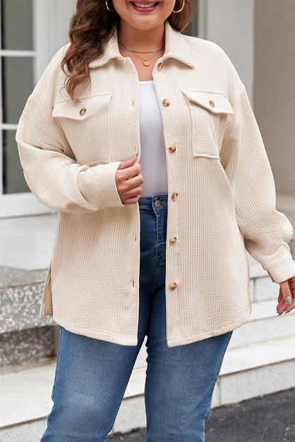 Textured Flap Pockets Buttoned Plus Size Shacket | Oatmeal