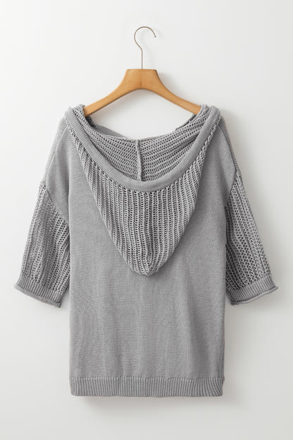 Openwork Drawstring Hooded Short Sleeve Sweater Top | Light Grey