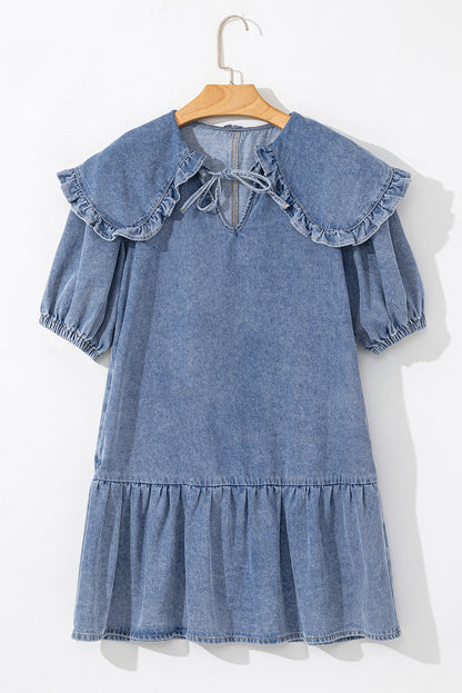 Ruffled Collared Side Pockets Puff Sleeve Denim Mini Dress | Dusk Blue