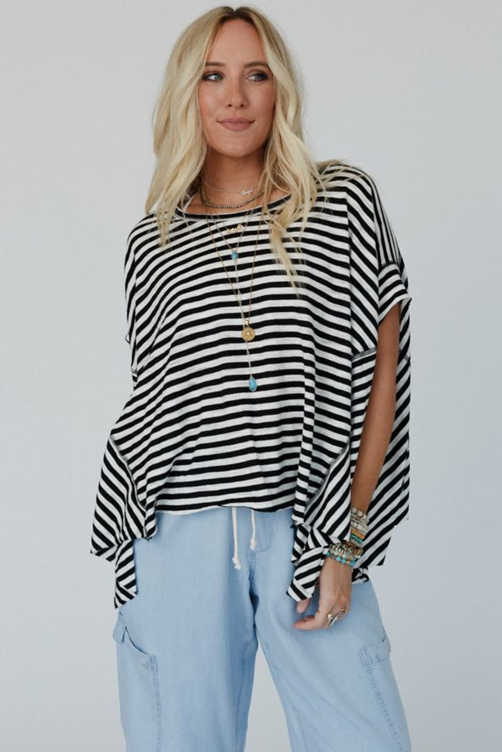 Batwing Sleeve Crewneck Oversized Top | Black Stripe