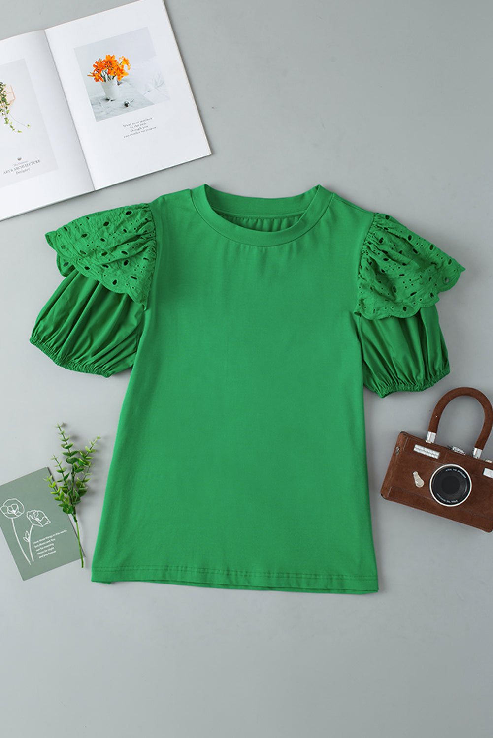 Anglaise Embroidered Puff Short Sleeve Top | Bright Green