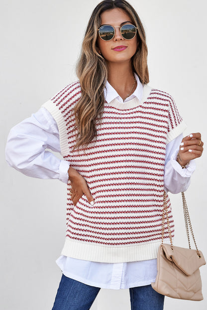 Ribbed Trim Loose Fit Knitted Sweater Vest | Red Stripe