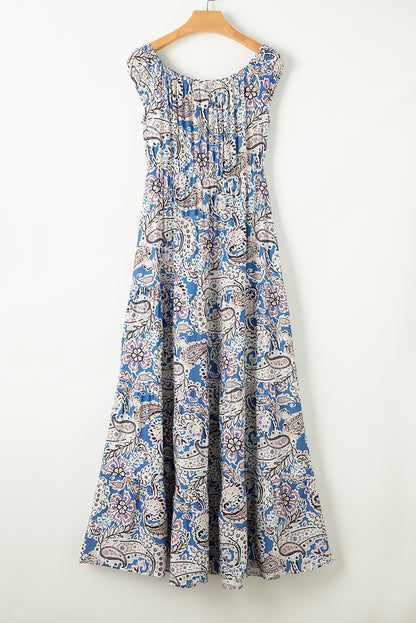 Boho Paisley Print Off Shoulder Maxi Dress | Blue