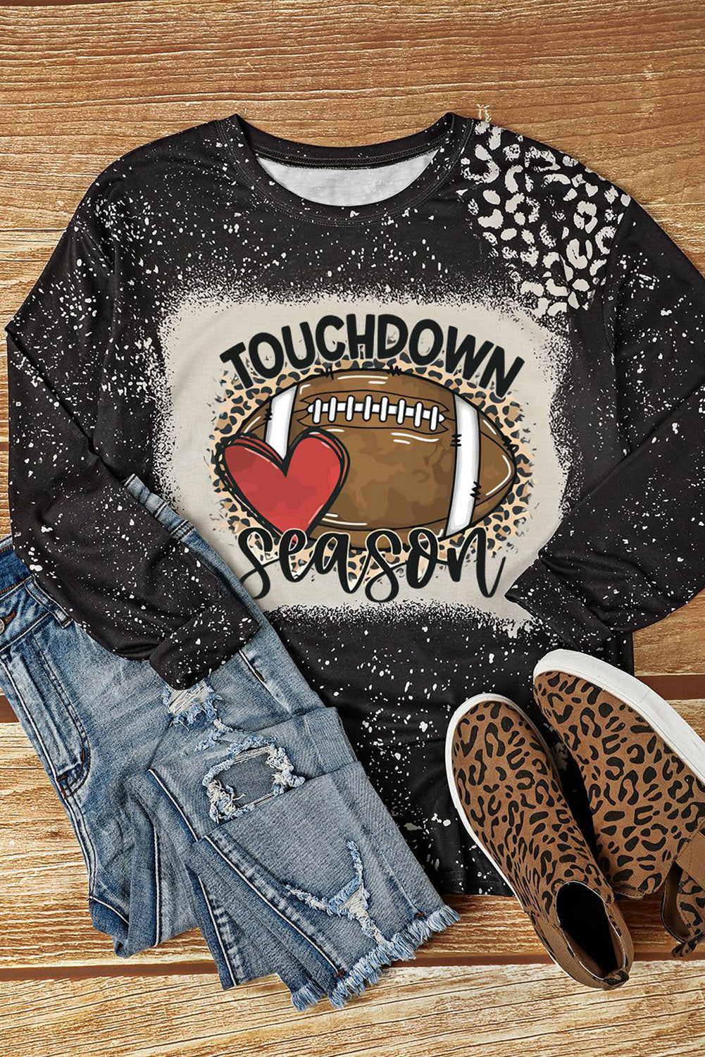 Touchdown Season Rugby Football Leopard Print Long Sleeve Top | Black