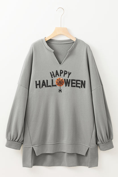 Sequin Happy Halloween Graphic Notched Neck Long Sleeve Loose Top | Medium Grey