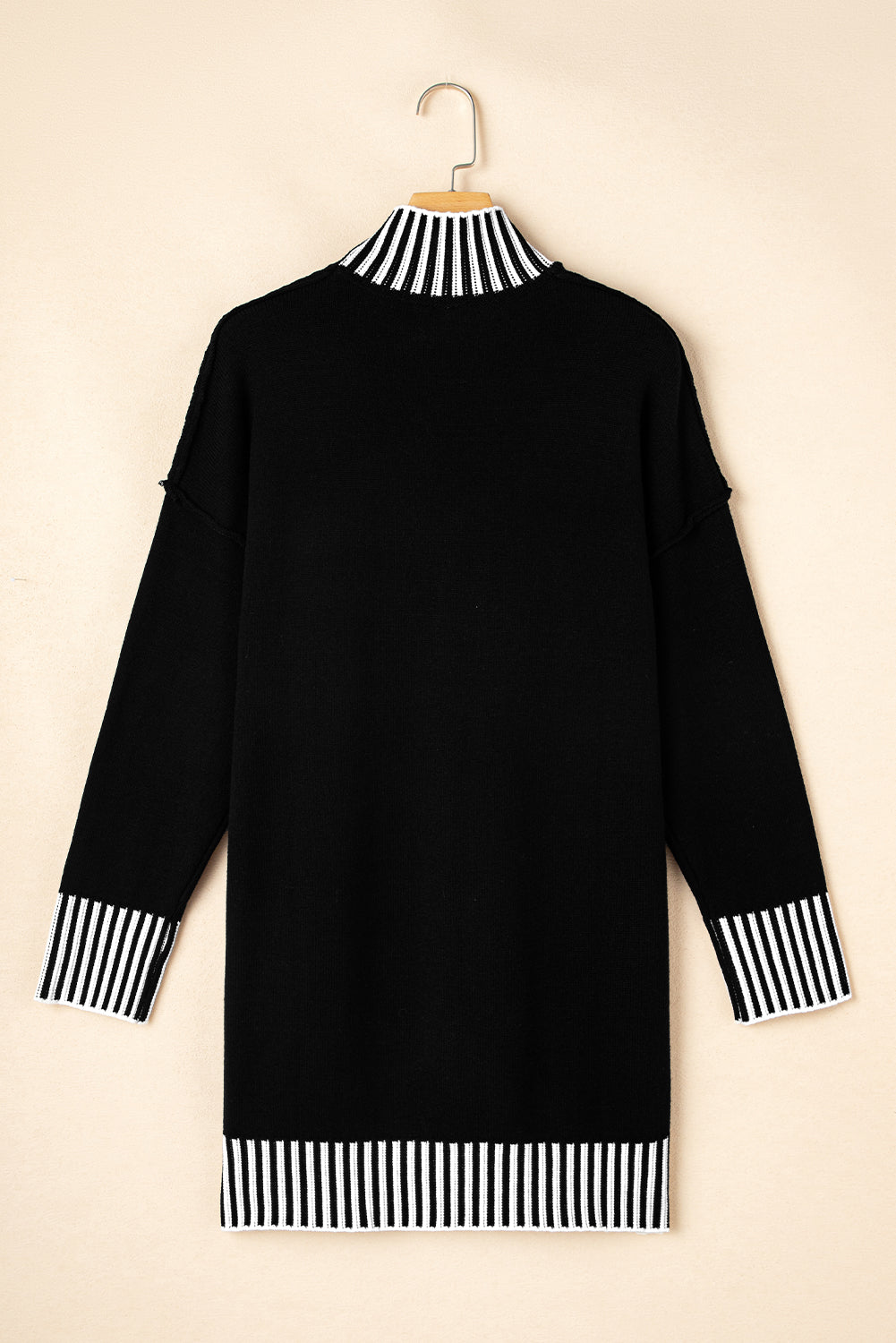 Striped Trim Mock Neck Dropped Long Sleeve Sweater Mini Dress | Black