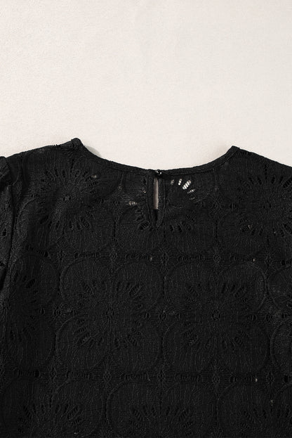 Flower Eyelet Jacquard Keyhole Flounce Sleeve Top | Black