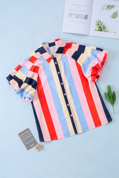 Colour Block Striped Puff Sleeve Buttoned Shirt | Multicolour