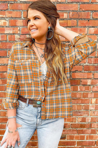 Plaid Embroidery Patch Button-Down Shacket | Orange