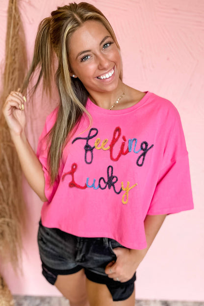 Feeling Lucky Embroidered Letter Graphic Half Sleeve Top | Bonbon