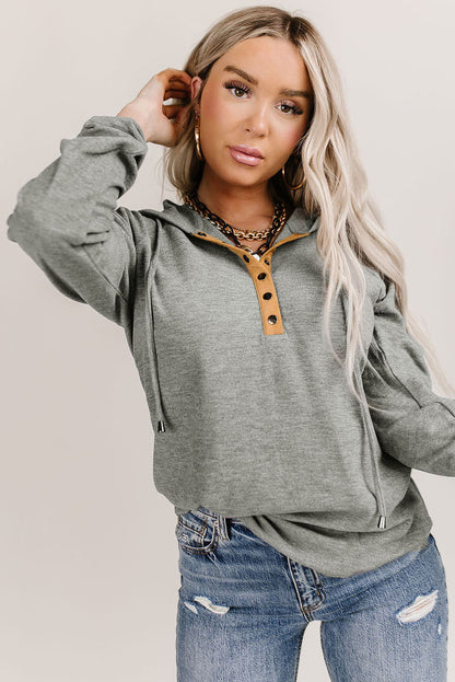 Quarter Buttoned Drawstring Pullover Hoodie | Gray