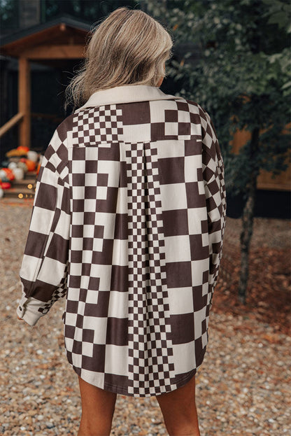 Checkered Print Patchwork Corduroy Shacket | Brown