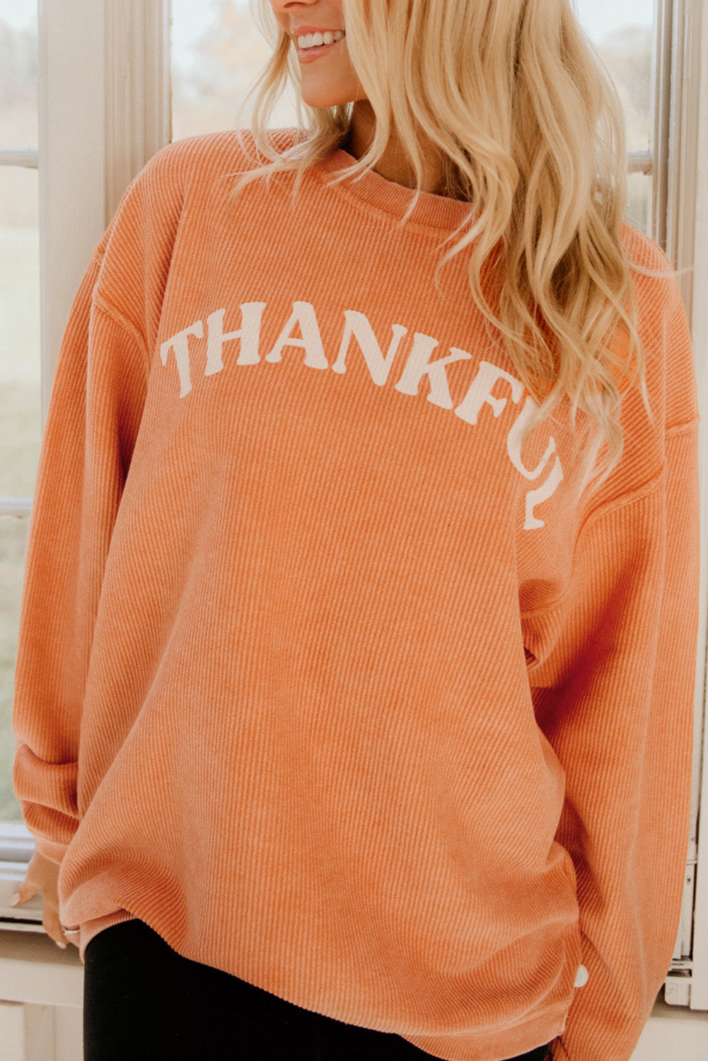 Thankful Letter Graphic Corded Sweatshirt | Orange