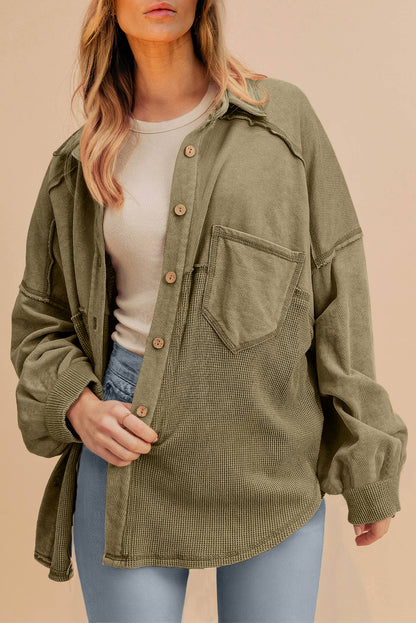 Waffle Knit Patchwork Buttoned Oversized Shacket | Moss Green