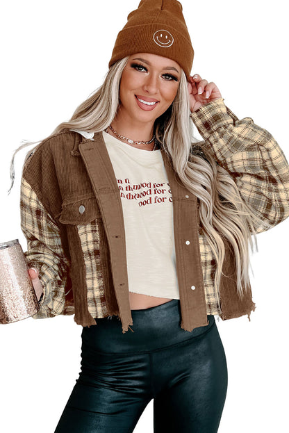 Plaid Patchwork Distressed Hooded Cropped Jacket | Brown