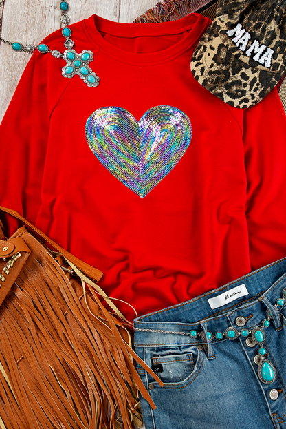 Bold Sequin Heart Crewneck Valentines Pullover Sweatshirt | Red