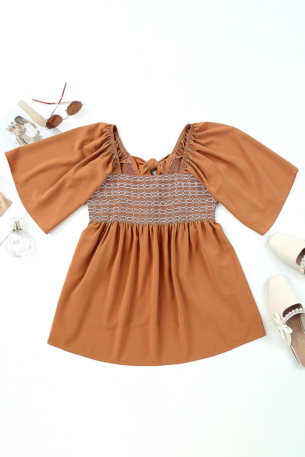 Square Neck Wide Sleeves Flowy Top | Brown