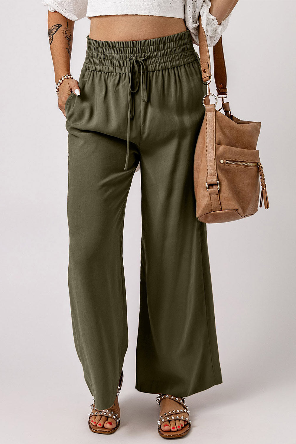 Brown Drawstring Elastic Waist Casual Wide Leg Pants | Green