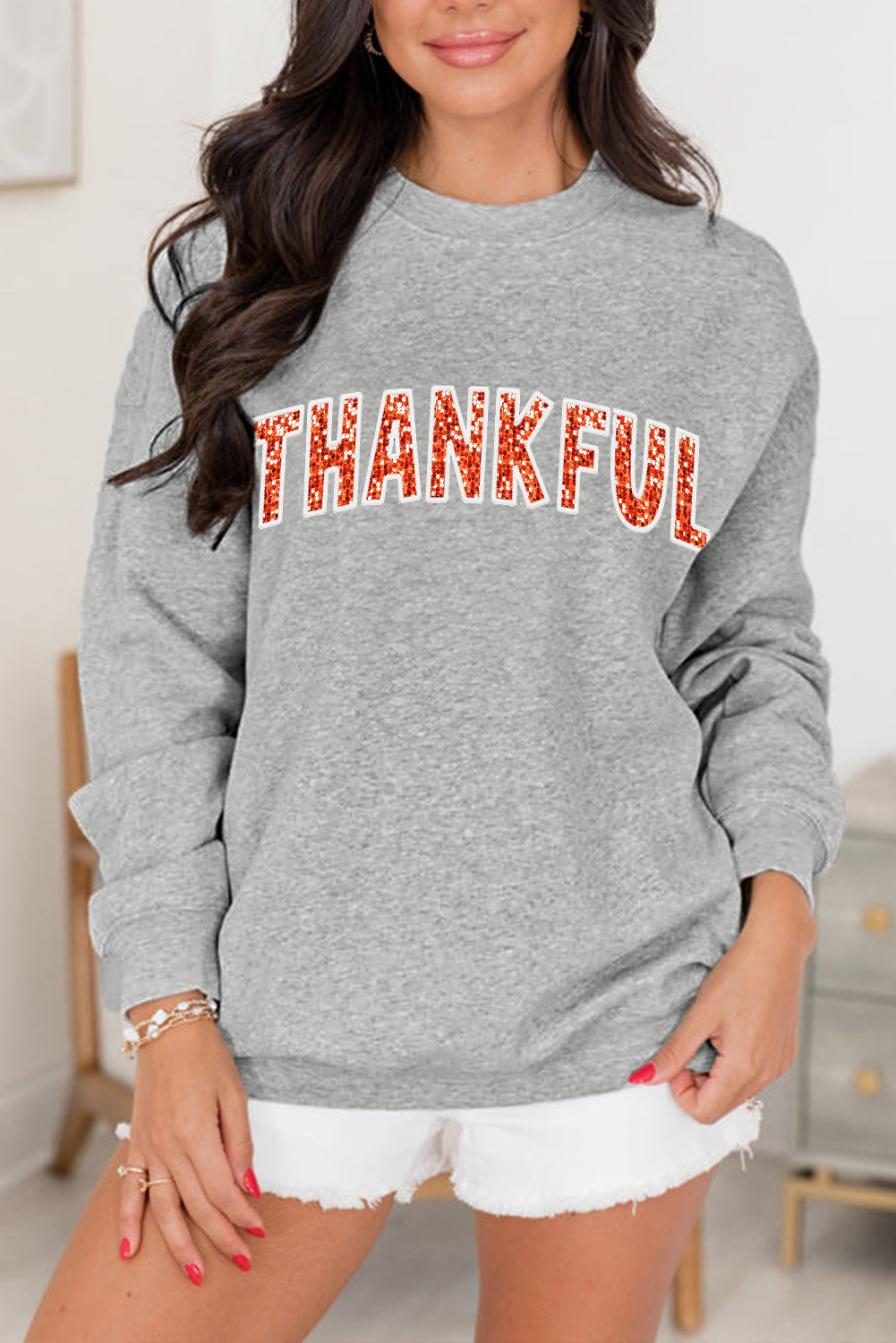 Gray THANKSFUL Shiny Letter Printed Graphic Sweatshirt