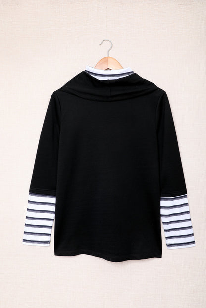 Striped Splicing High Neck Sweatshirt | Black