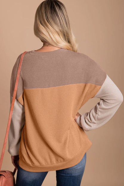 Colour Block Long Sleeve Ribbed Loose Top | Khaki