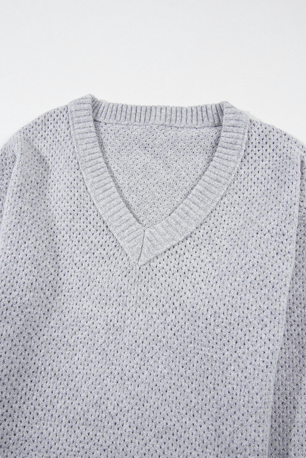 Loose Eyelet V Neck Drop Shoulder Sweater | Light Grey