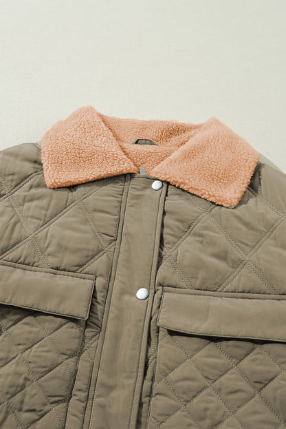 Teddy Collar Flap Pockets Quilted Puffer Jacket | Jungle Green