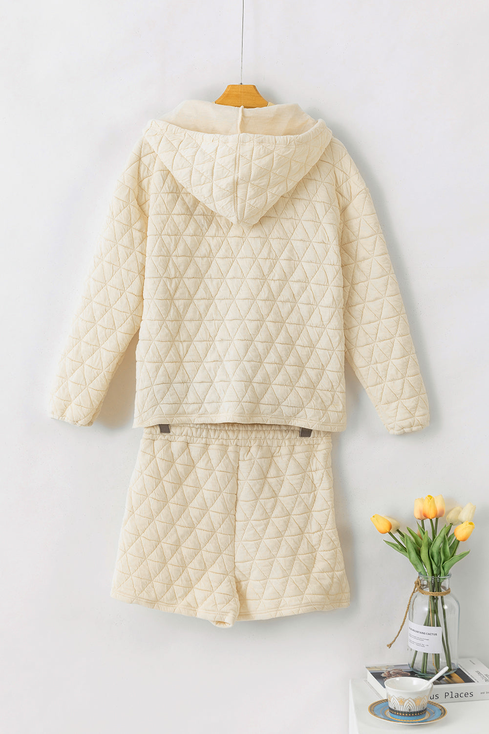 Quilted V Neck Hoodie Drawstring Shorts Set | Beige