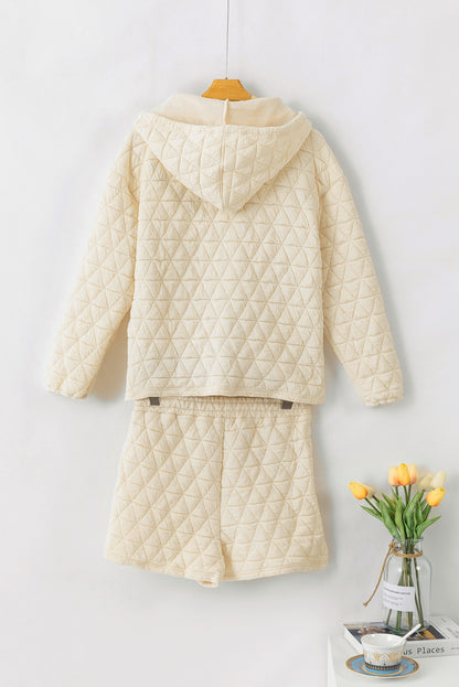 Quilted V Neck Hoodie Drawstring Shorts Set | Beige