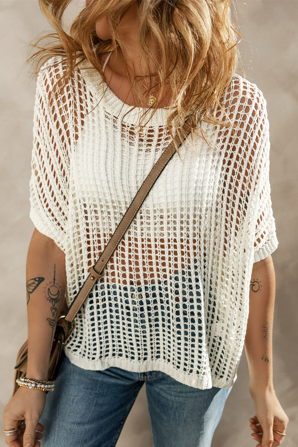 Whit Fishnet Knit Ribbed Round Neck Short Sleeve Sweater Tee