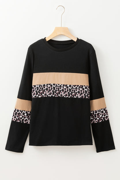 Leopard Colourblock Patchwork Crew Neck Long Sleeve Tee | Khaki