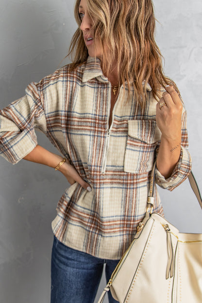 Chest Pocket Plaid Half Zip Sweatshirt | Apricot