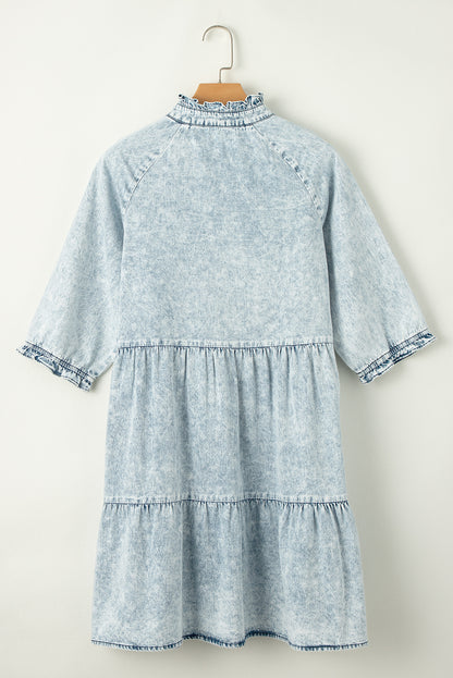 Acid Wash Retro Half Sleeve Flared Denim Dress | Dusk Blue