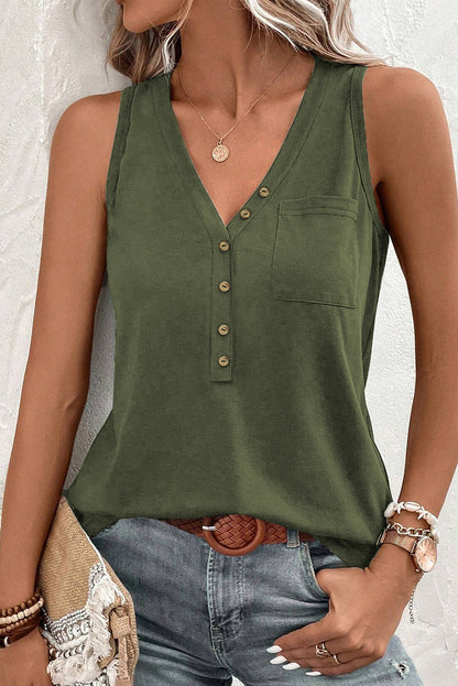 Half Button V Neck Patched Pocket Tank Top | Jungle Green