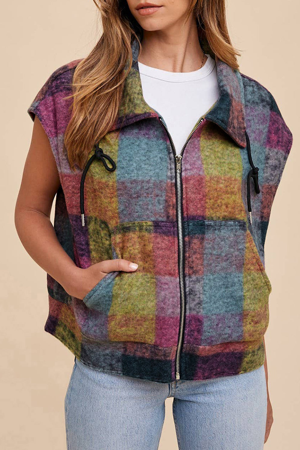 Plaid Print Side Pockets Zipped Loose Vest | Multicolour