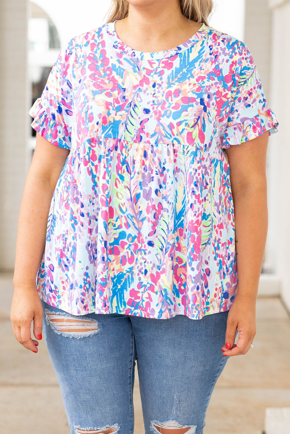 Vibrant Botanical Print Frill Short Sleeve Plus Size Top | Purple