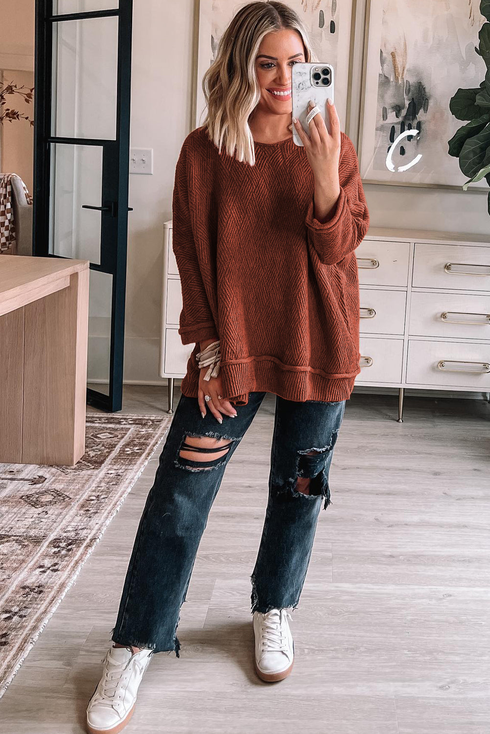 Solid Colour Textured Crew Neck Loose Sweater | Gold Flame