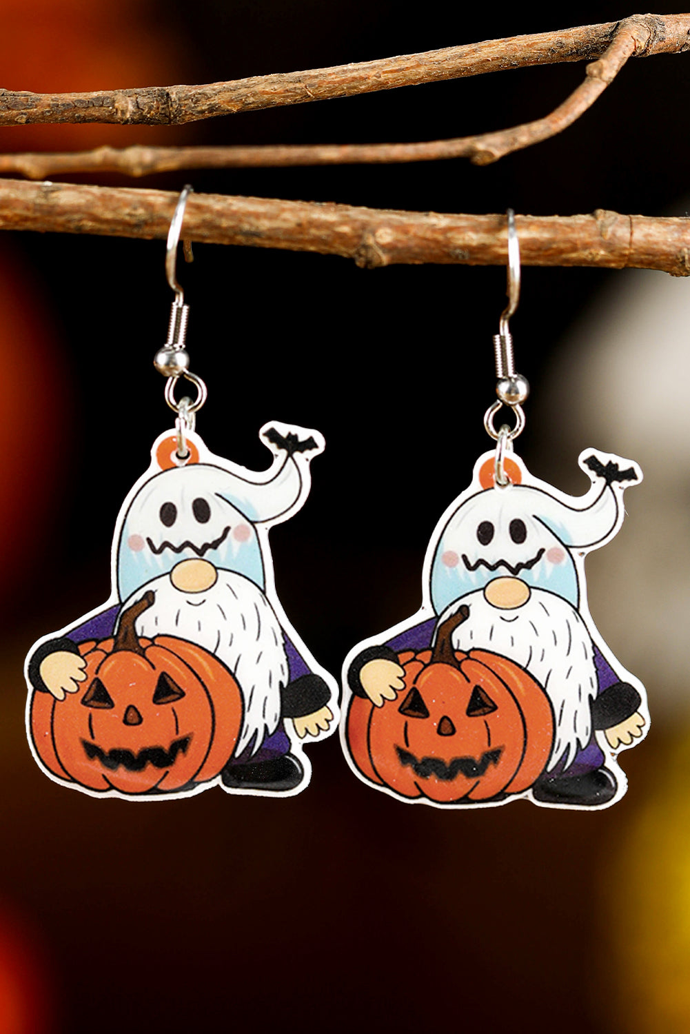 Dwarf Pumpkin Face Halloween Hook Earrings | White