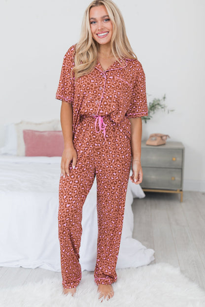 Leopard Print Short Sleeve Shirt And Pants Pajamas Set | Brown