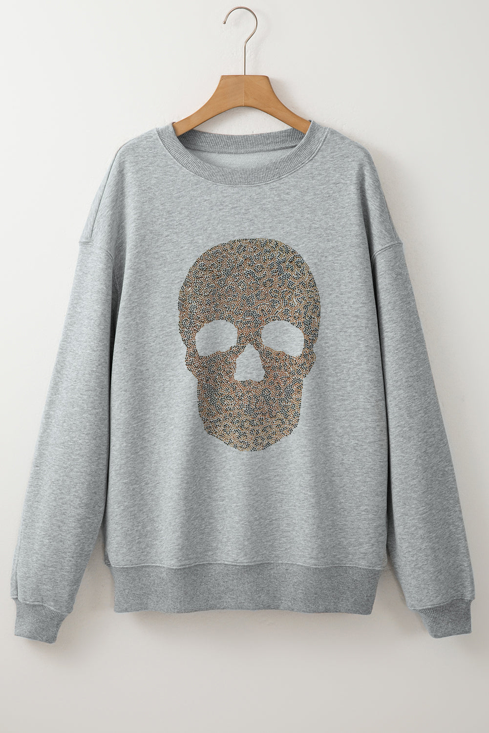 Rhinestone Skull Graphic Drop Shoulder Sweatshirt | Light Grey