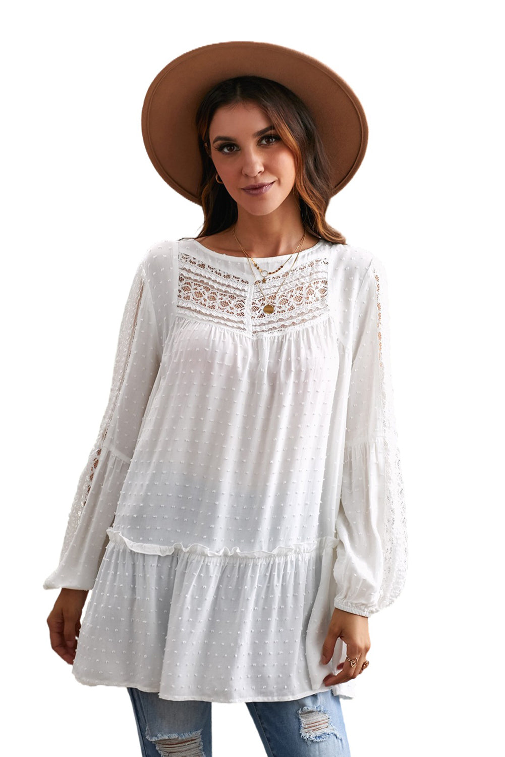 French Fling Lace Tunic Top | White