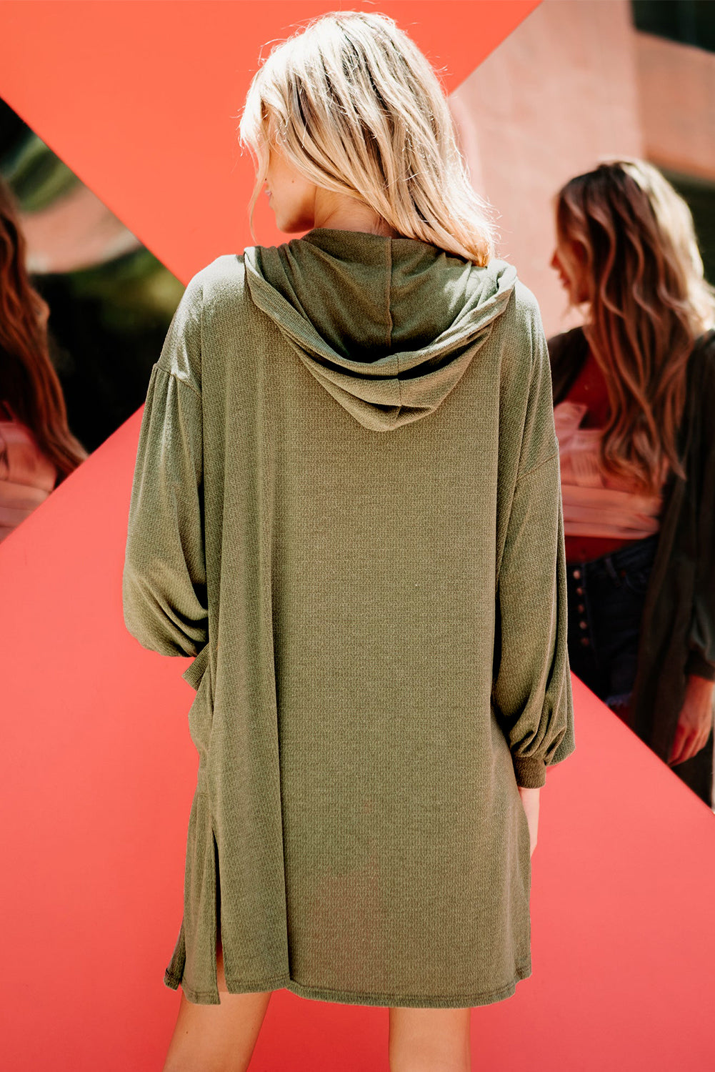 Hooded Side Split Open Kimono With Pocket | Guacamole Green