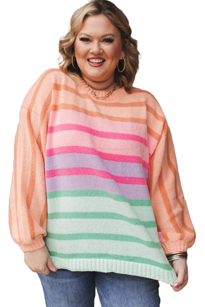 Colour Block Balloon Sleeve Crewneck Plus Size Sweater | Pink Stripe