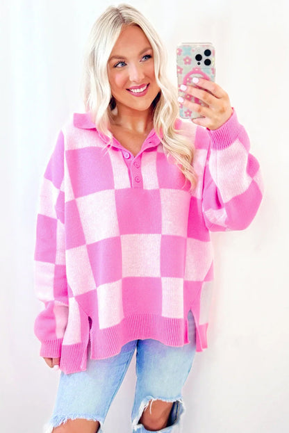 Checkerboard Half Button Collared Drop Shoulder Sweater | Pink