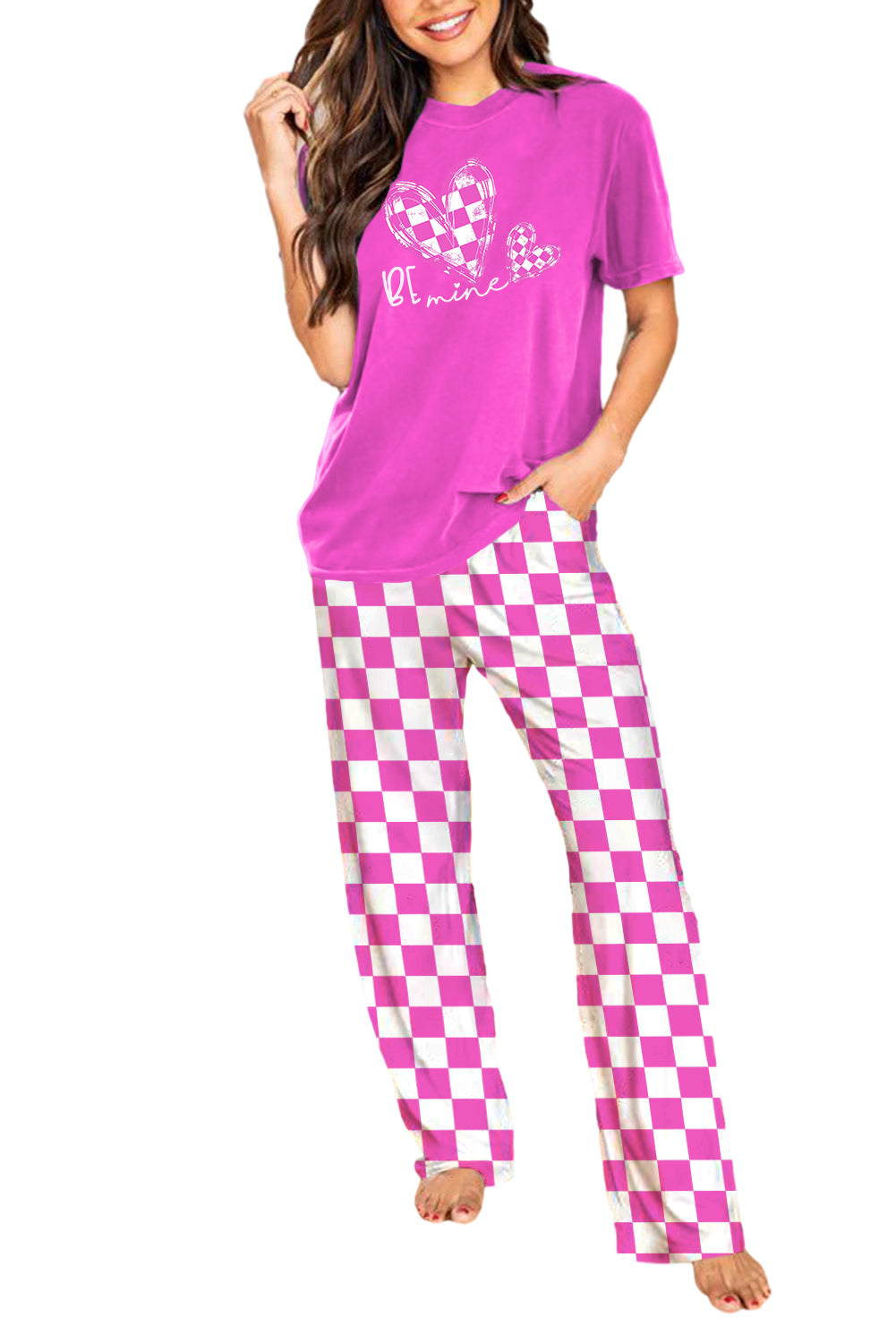 Be Mine Print Tee And Pants Lounge Set | Bright Pink